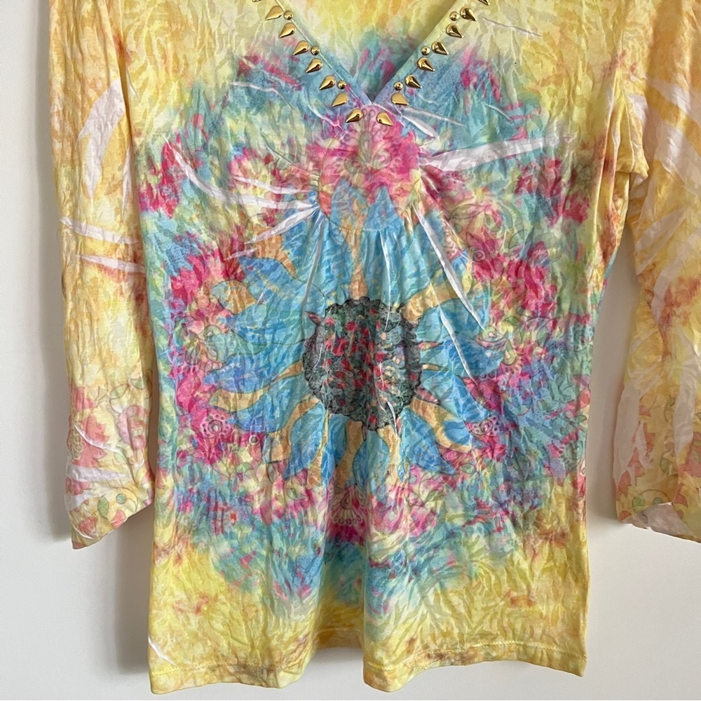 Y2K Boho Fairy Top with Psychedelic Sun Print & Gold Studded Neckline Size M - Picture 3 of 7